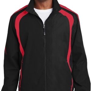NWT Black and Red Sport-Tek Windbreaker with High Collar and Dynamic Panels